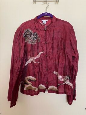 Citron Santa Monica Burgundy Embroidered Crane Blouse
